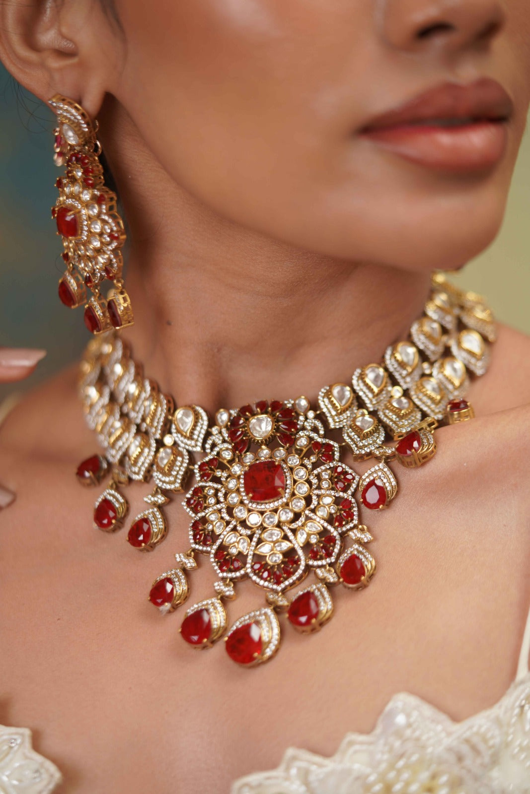 Desirable Red Bridal Moissanite Necklace Set