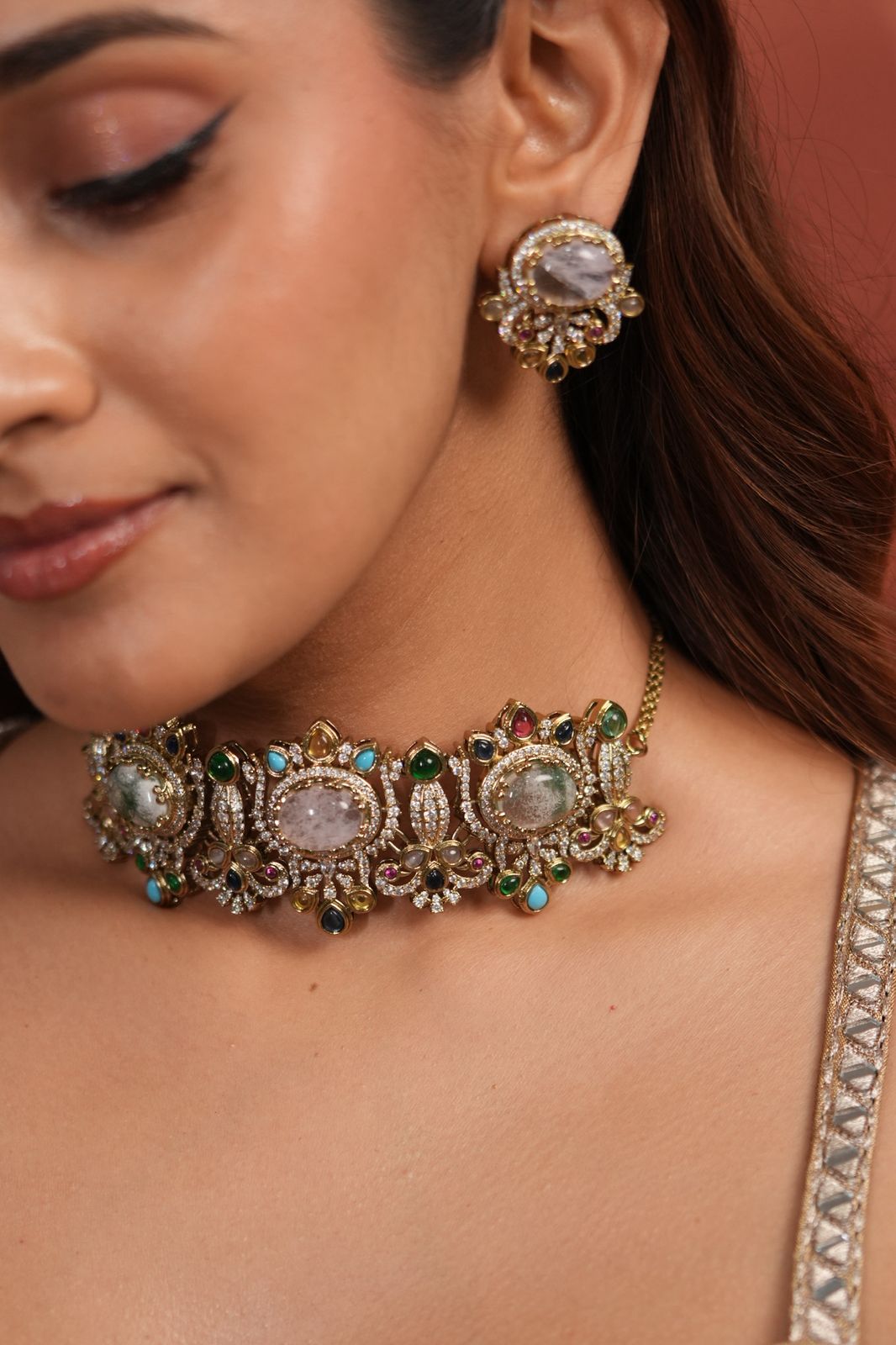 Abraar Sabhya Moissanite Multicolour Choker Set | GemZ