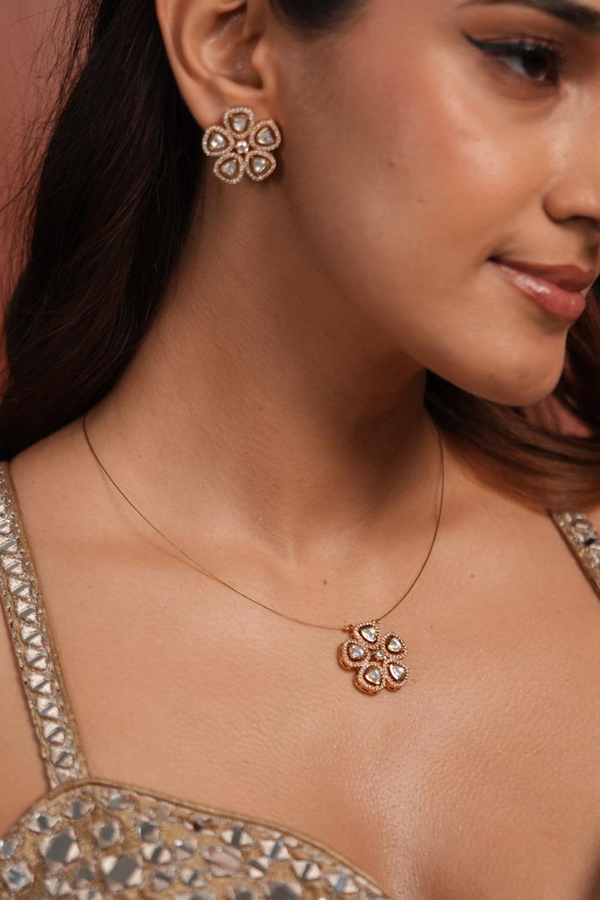 Mitali Invisible Flower Polki Pendant Set