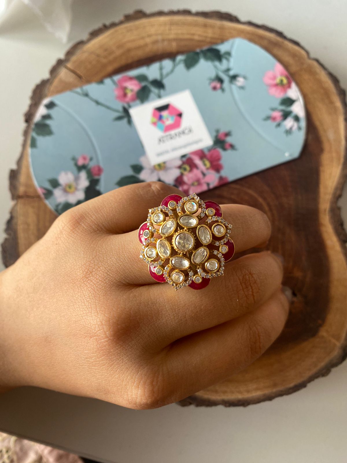 Meena Polki Moissanite Enamel Indian Ring | Adjustable