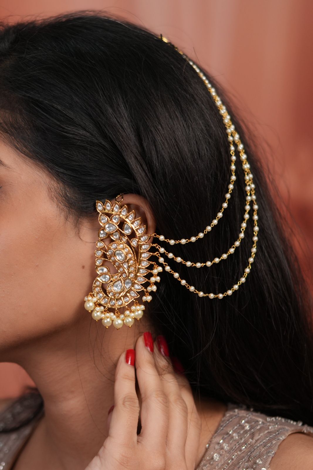 Peacock Polki Big Indian Earcuff| Attached HairChain