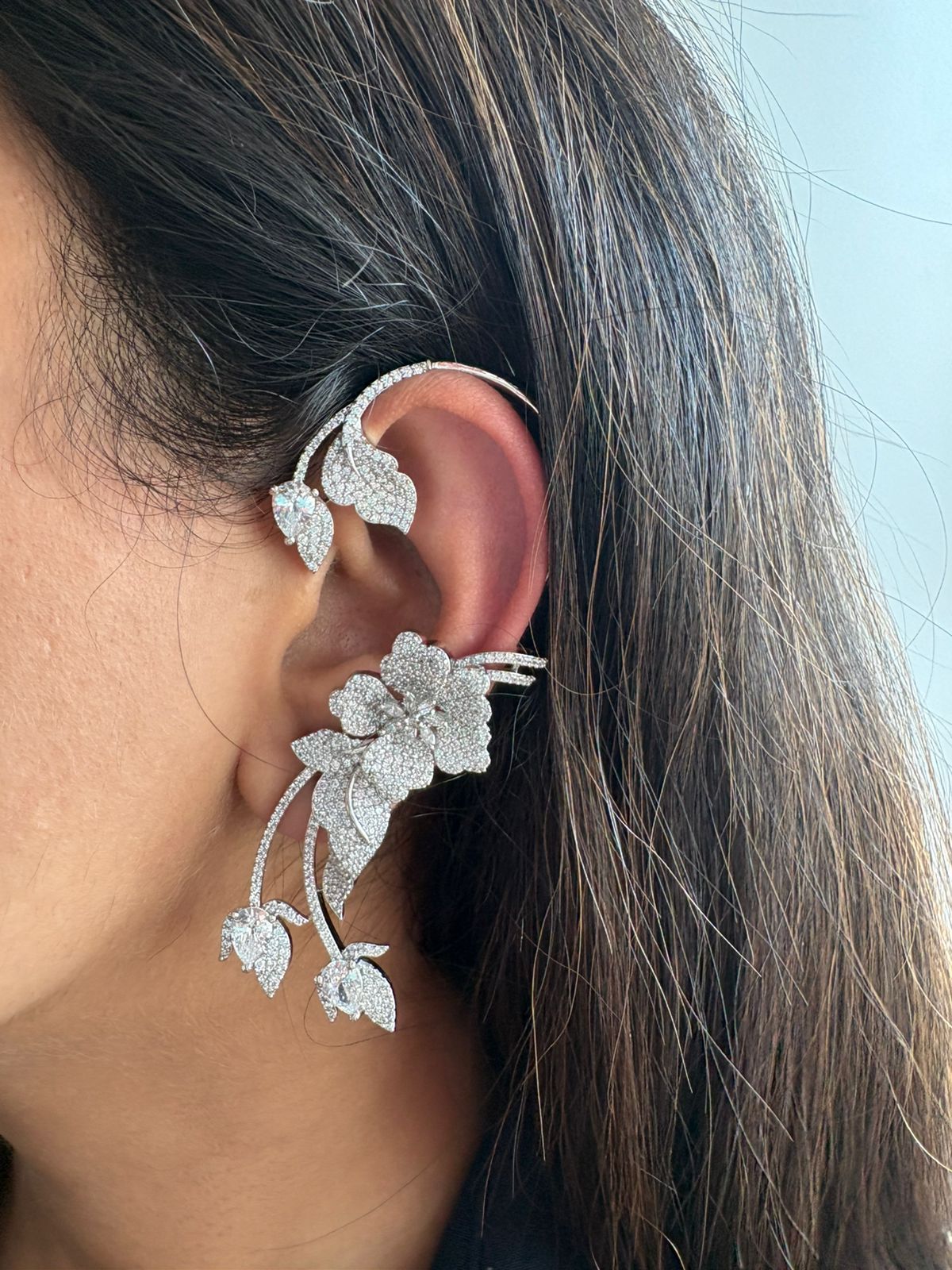 Starry Night Floral Diamond Designer Earcuff | Silver Polish