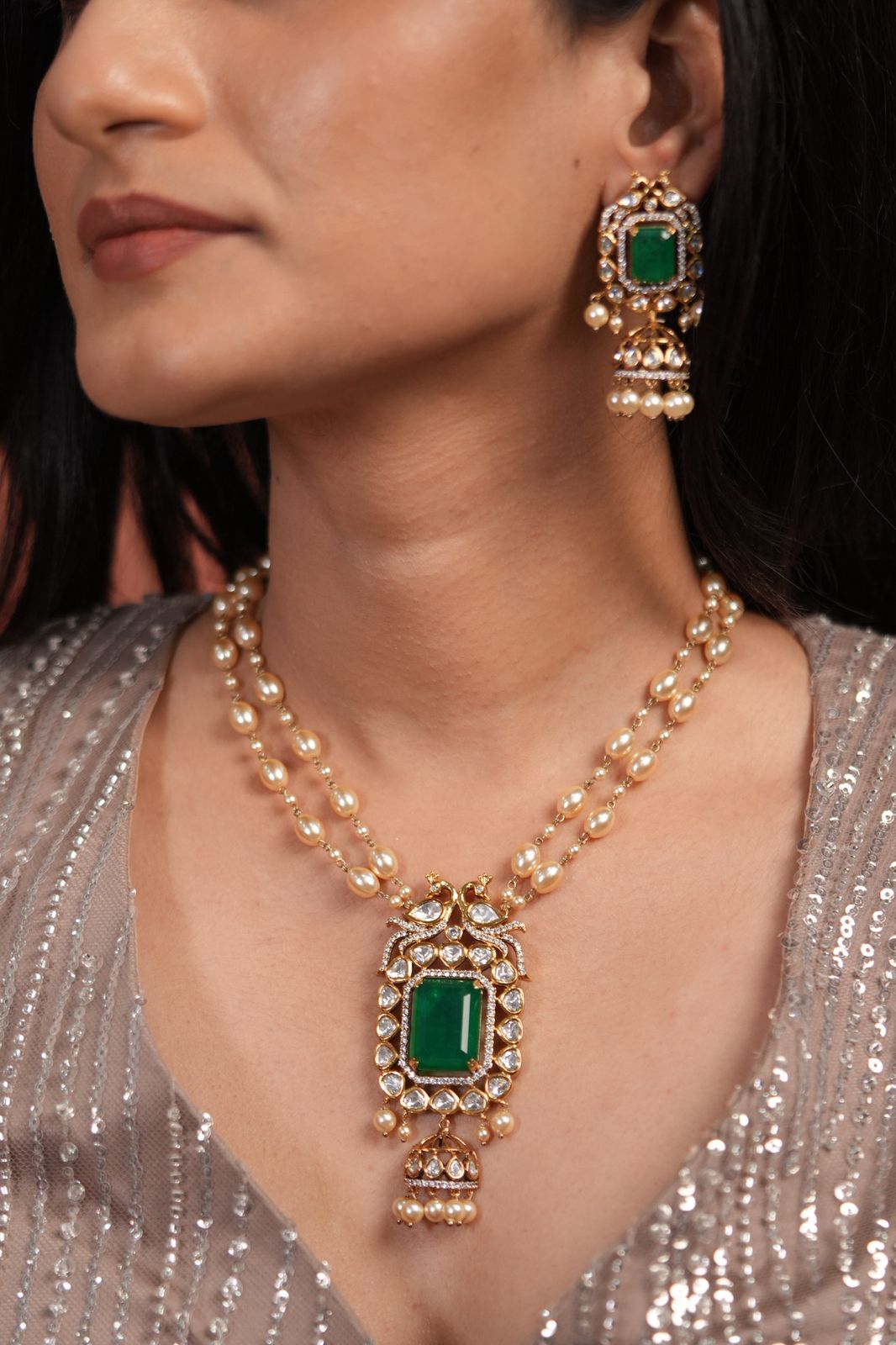 Laila Polki Moissanite Pearl Pendant Style Set with Jhumka