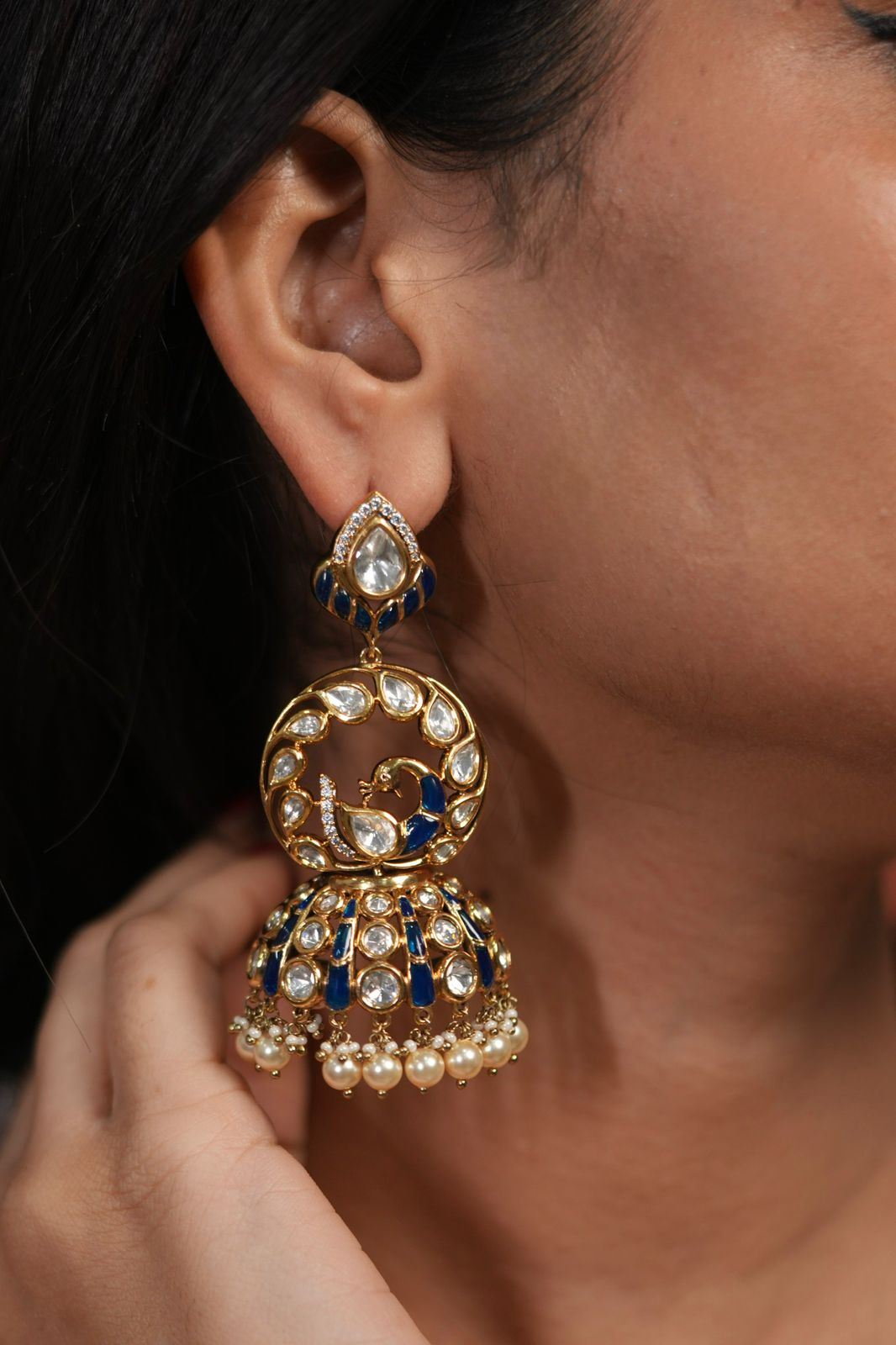 Firula Peacock Polki Moissanite Half Jhumka Indian Earrings.