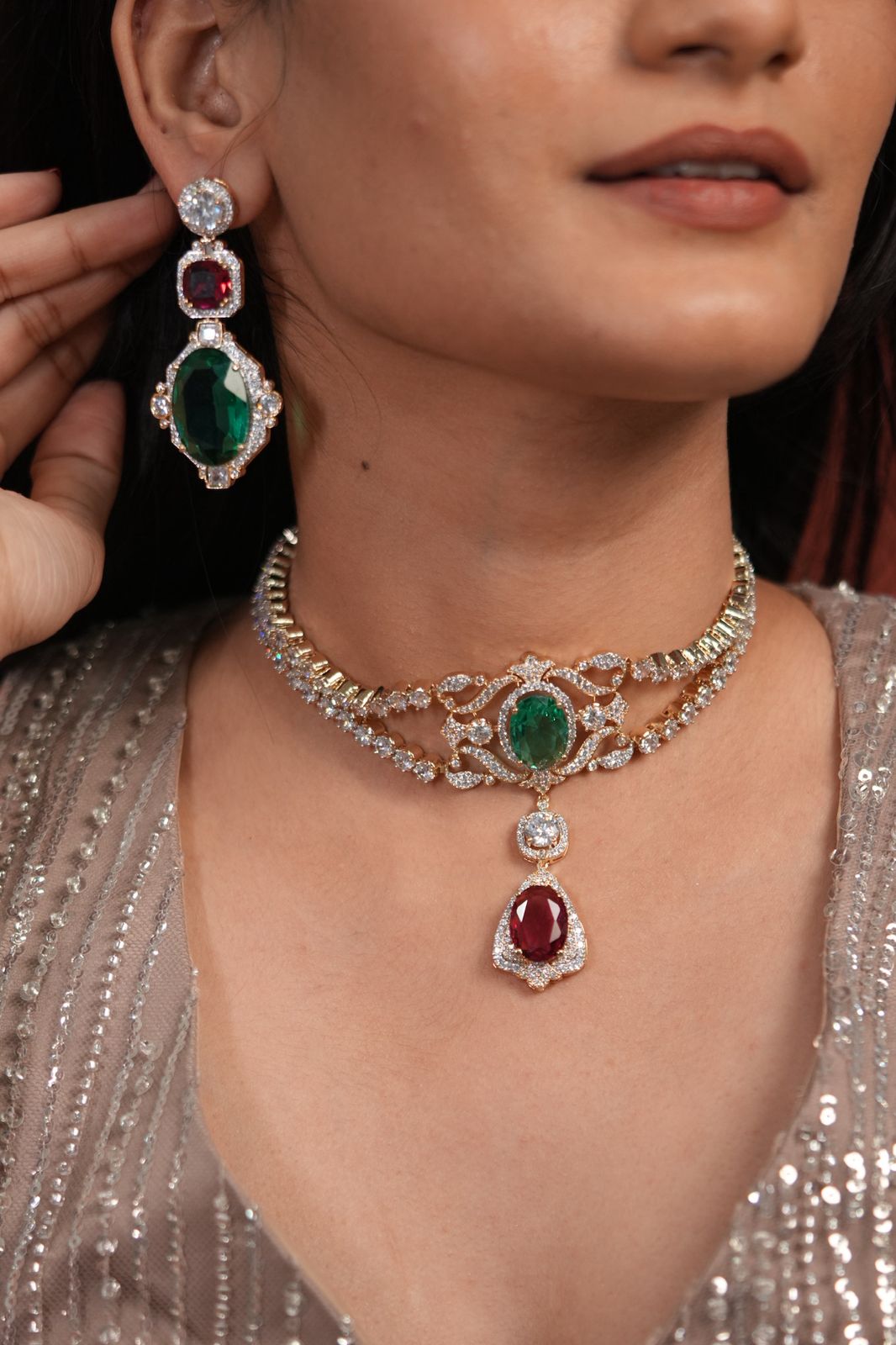Glimmerati Ruby Fluorite Diamond Gold Choker Set