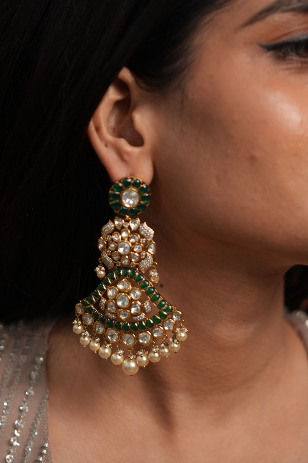 Brinali 3 Layered Polki Chandbali in Moissanites Meenakari Earrings