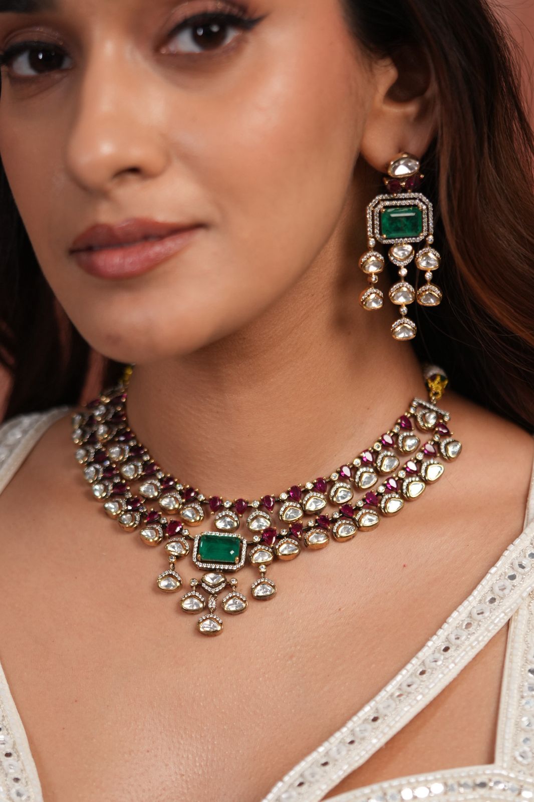 Lalita 2 Line Moissanite Polki Set in Green & Red