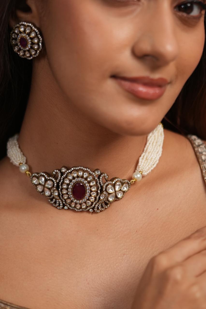 Siyora Victorian Ruby Choker Set with Studs | antique
