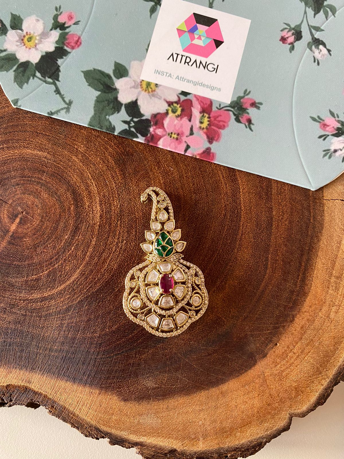 Jaisingh Mini Polki Moissanite Red Green Kalangi | Brooch