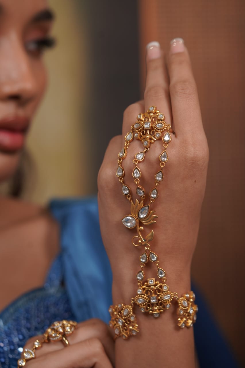 Mitali Floral Polki Gold Designer Hathpan | Hand Harness