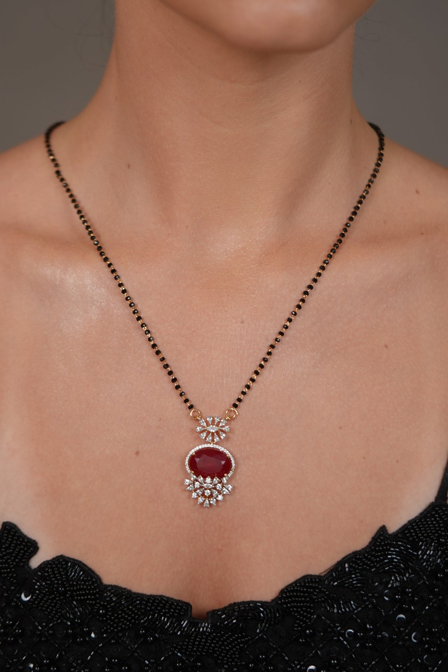 Vachan Single Line Diamond Mangalsutra with Coloured Stone | Daily Wear