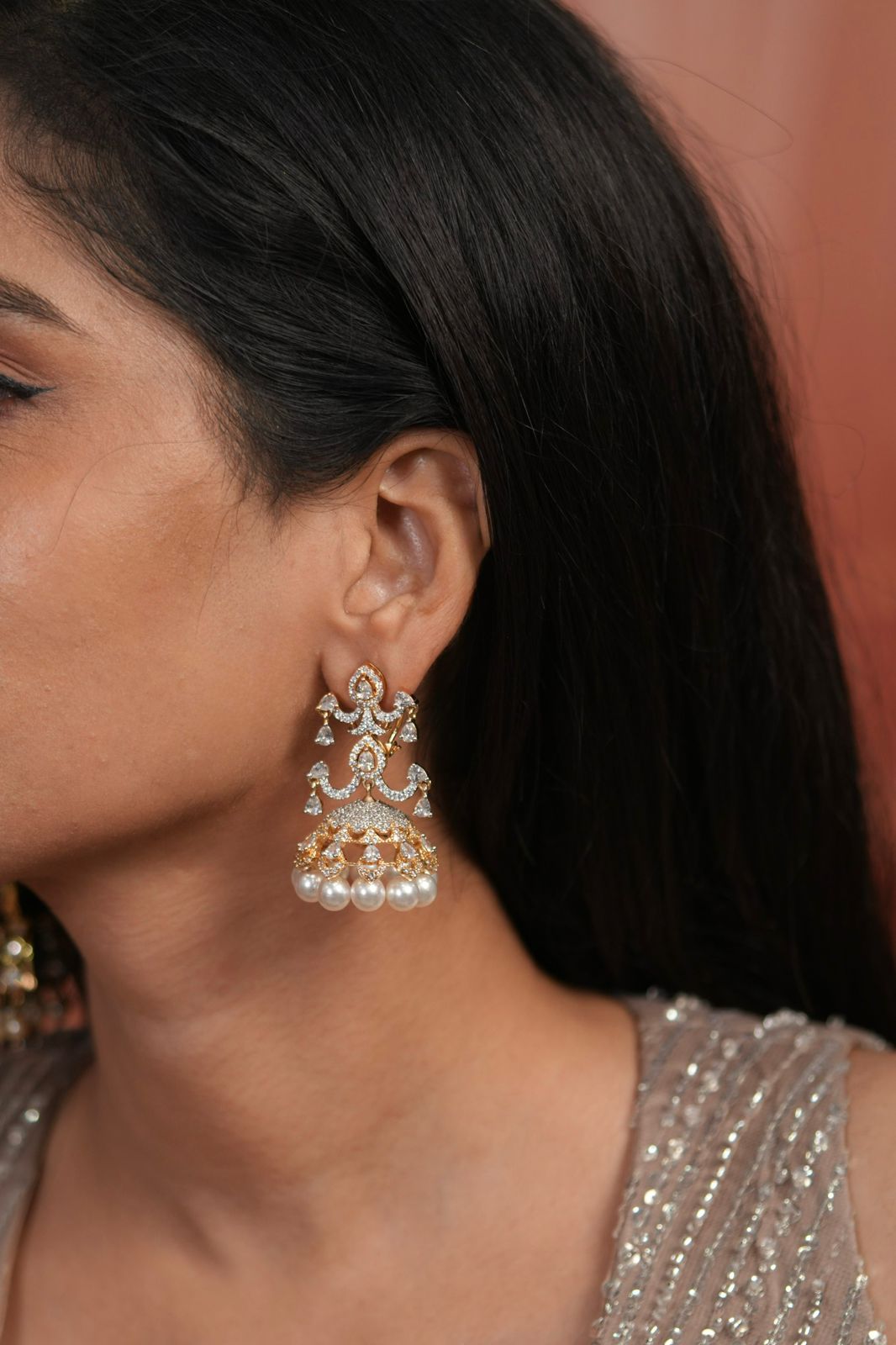 Amoora Gold Diamond Pearl Jhumkas