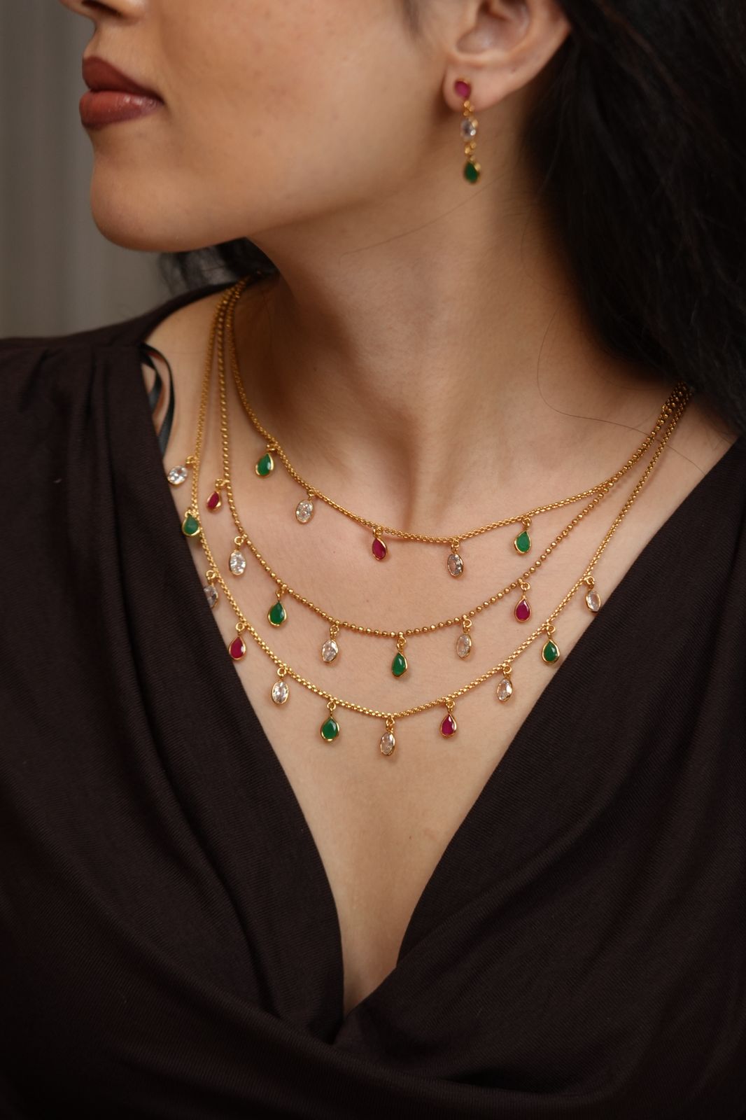 Society 3 Row Gemstone Polki Necklace set