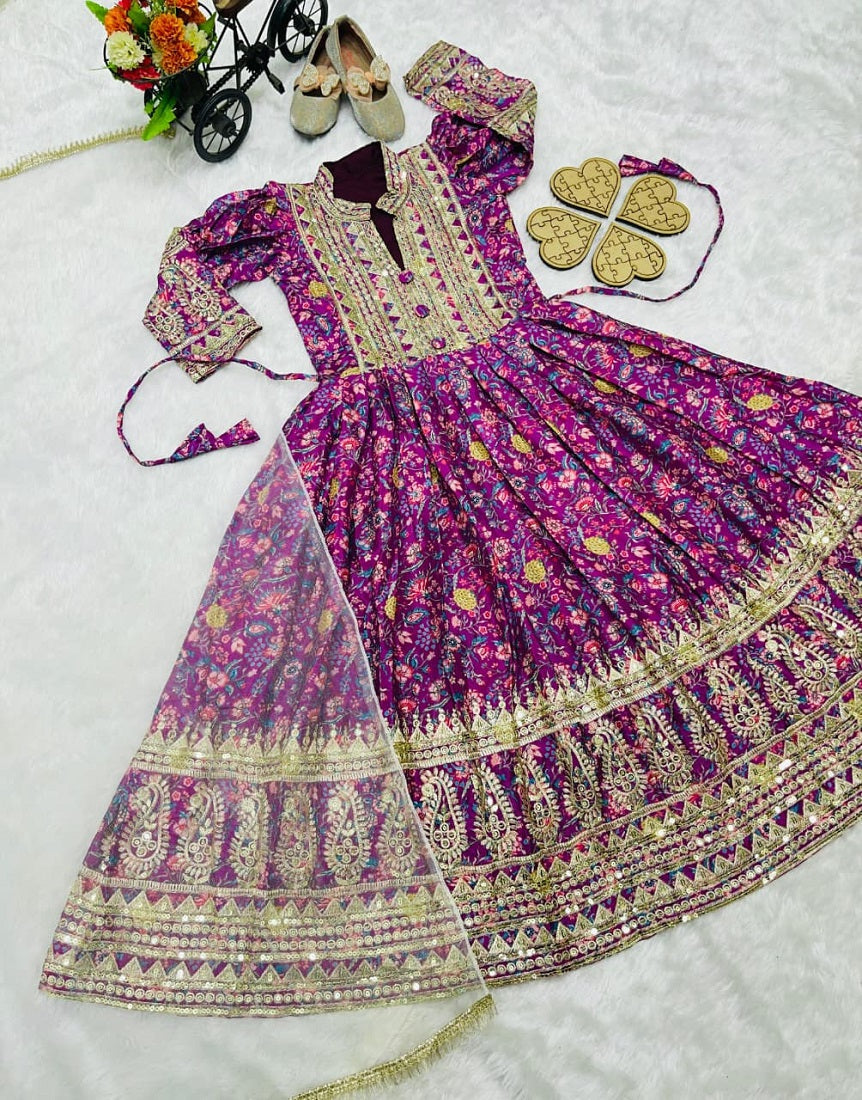 Evanik Purple Kids Chinon Silk Digital Print With Embroidered Work Wedding Gown