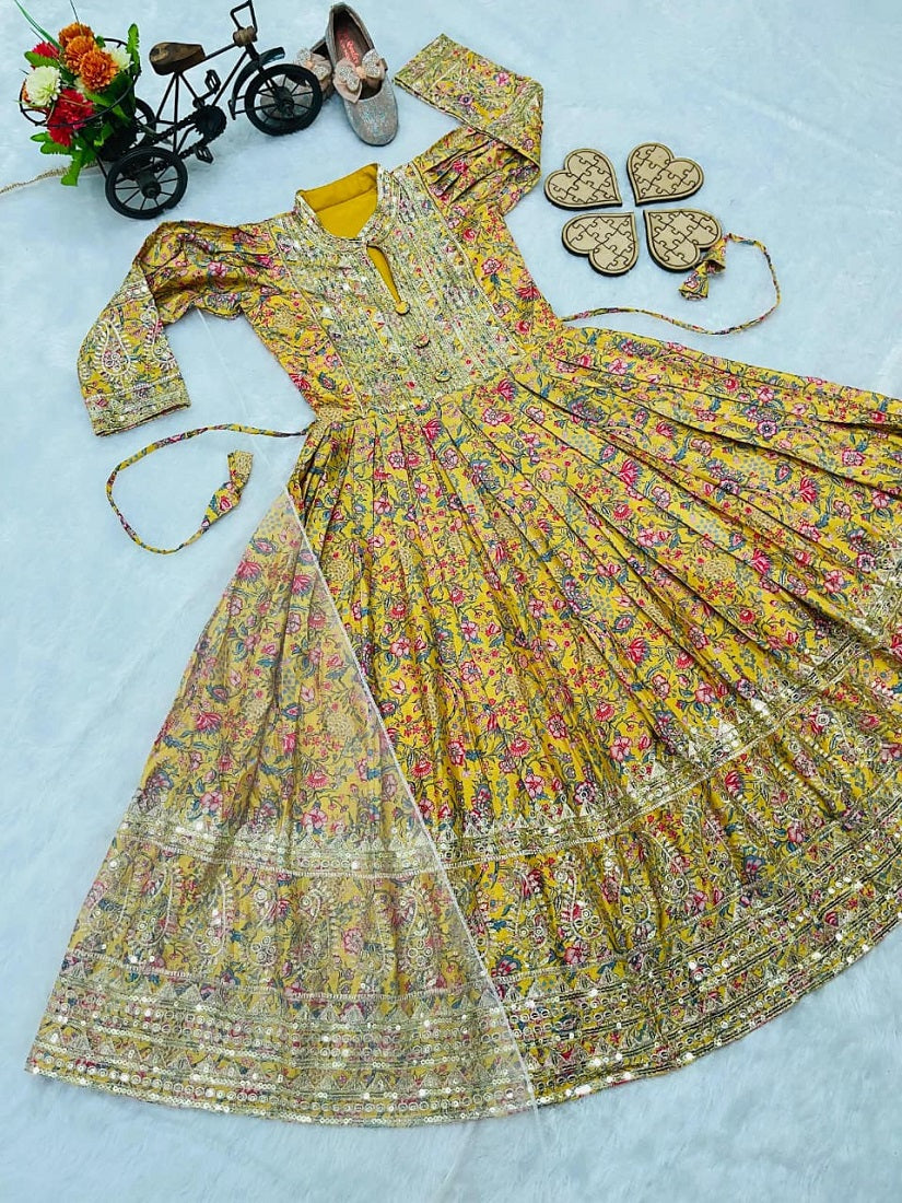Evanik Yellow Kids Chinon Silk Digital Print With Embroidered Work Wedding Gown