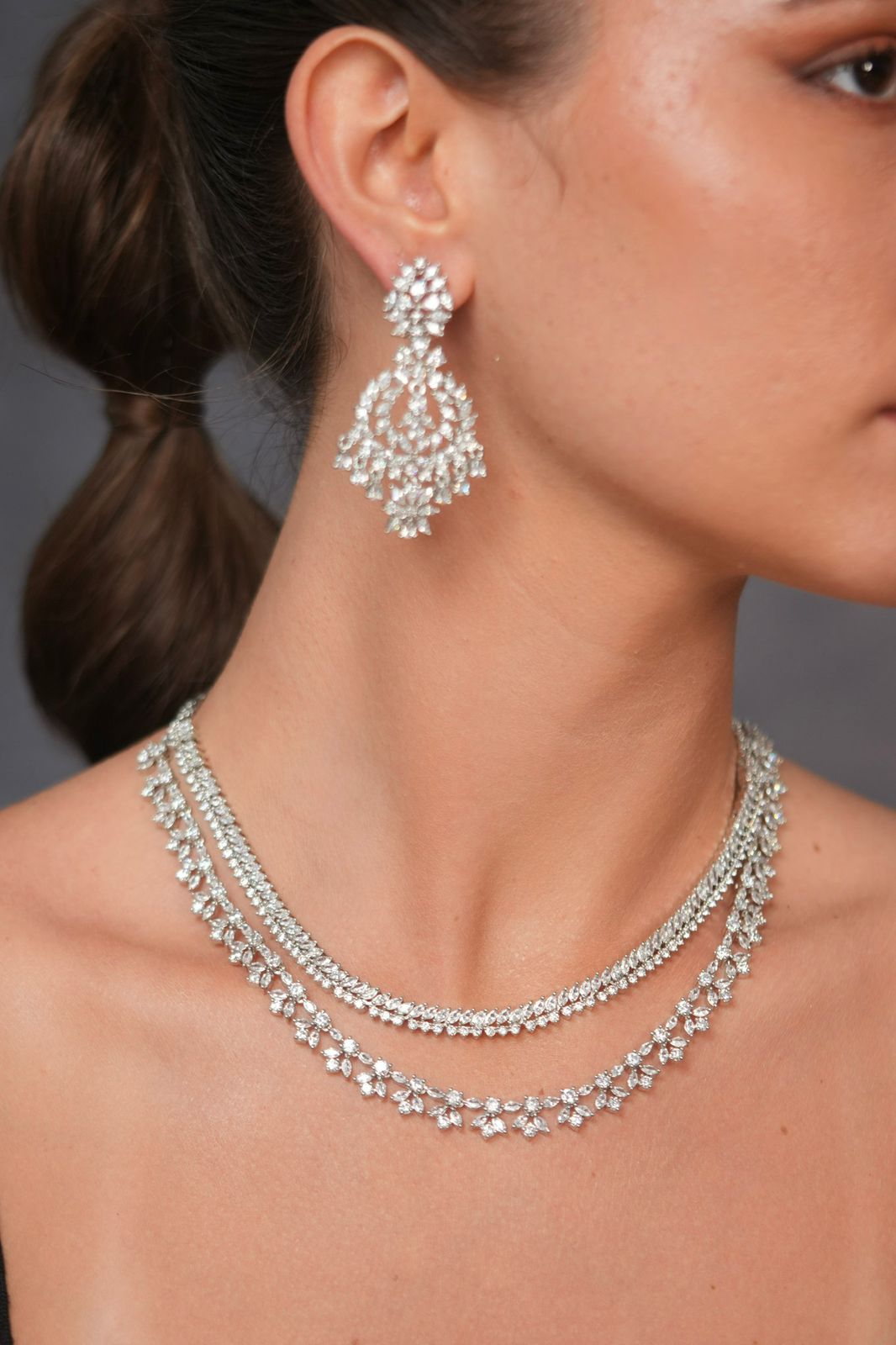Sparkling Diva 2 Line Diamond Necklace with Long Earrings