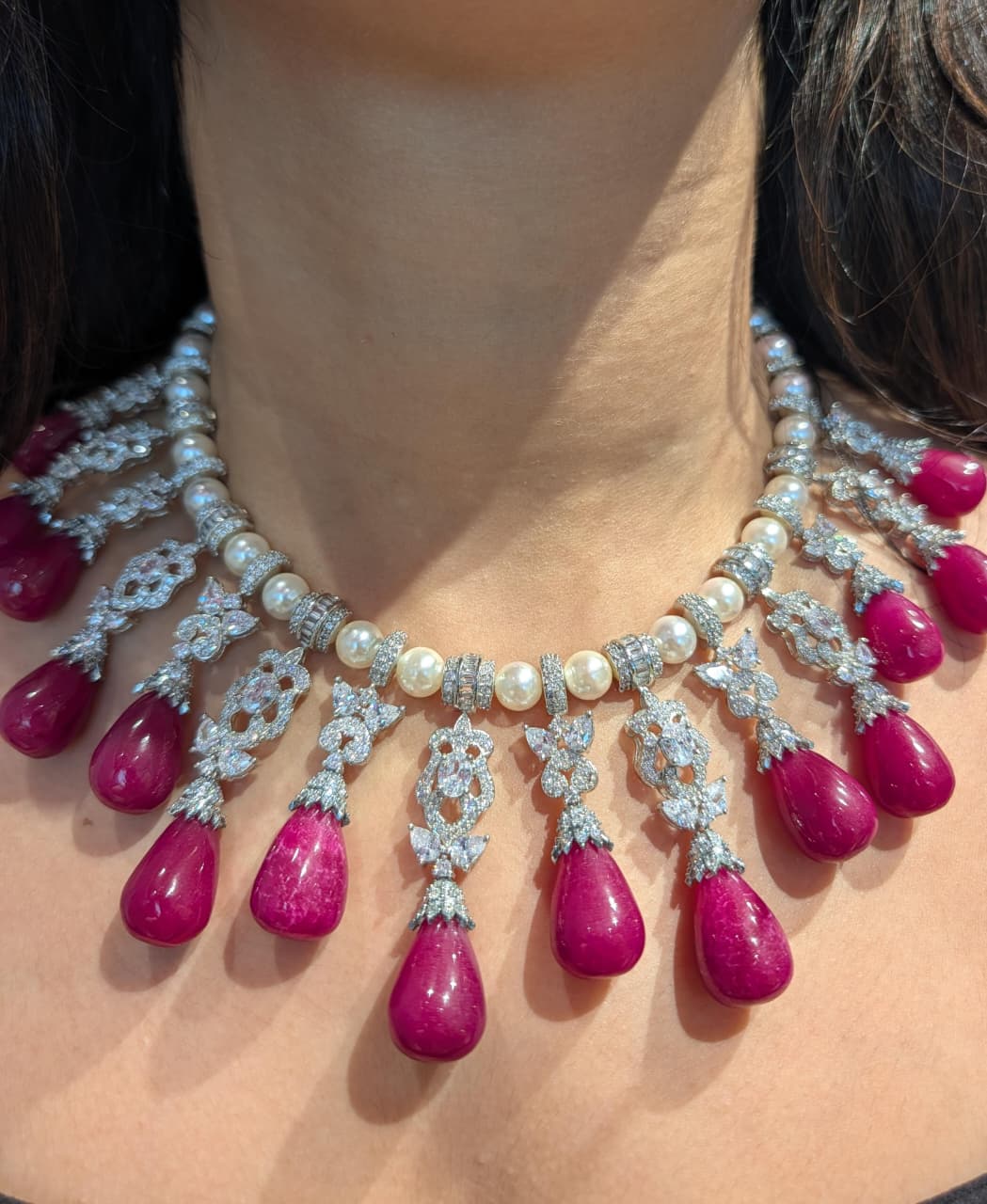 Berry Drop pearl Diamond Necklace Set with Rubies