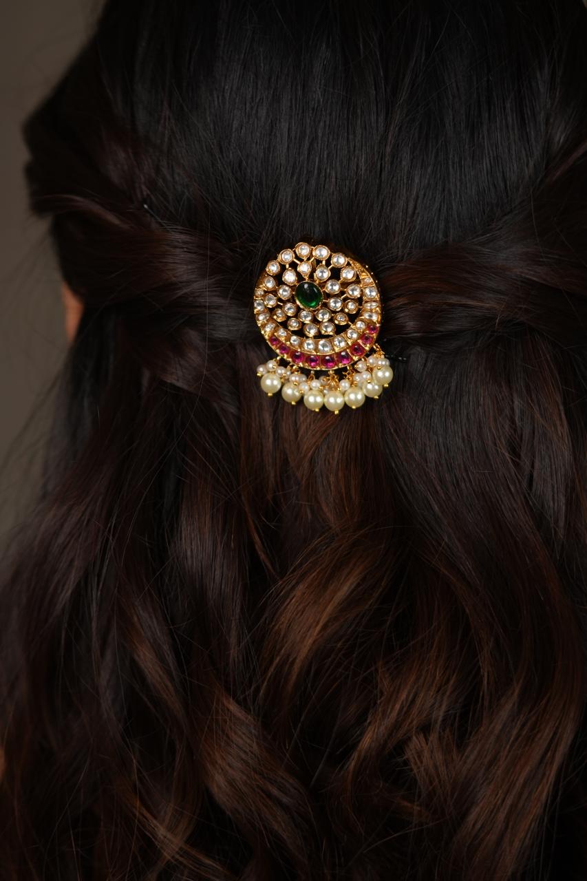 Bhakti Polki Red Green Mid Sized Clip | Hair Accessory