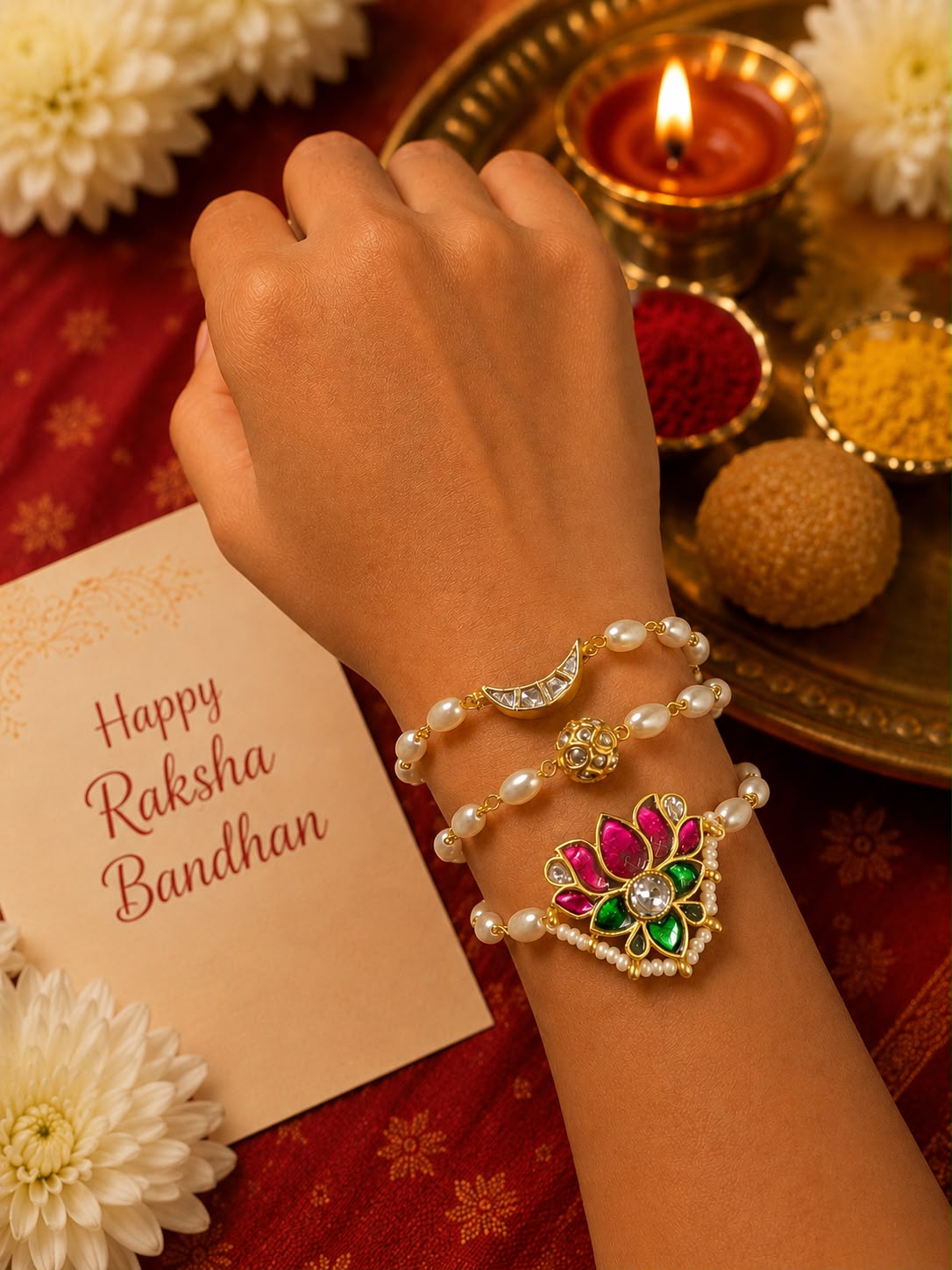 Blooming Bonds Polki Lotus Rakhi Bracelet