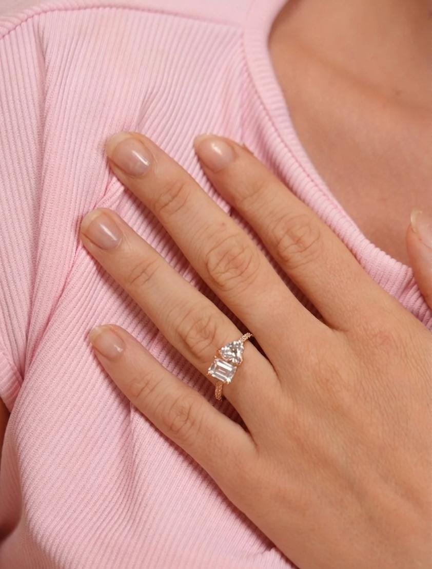 Toi Et Moi Heart Emerald Diamond Solitaire Ring | Daily Wear(ROSE GOLD)