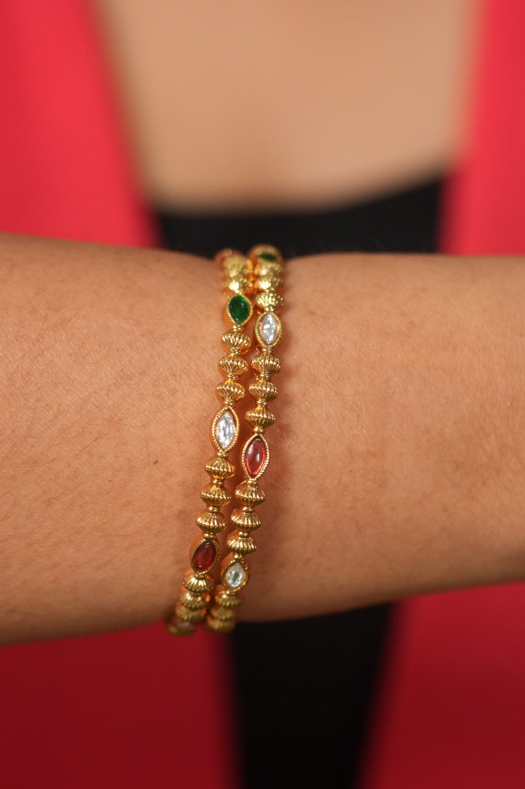 Ruby Emerald Gold Traditional Delicate Indian Bangle Set | Sone Pe Suhaga