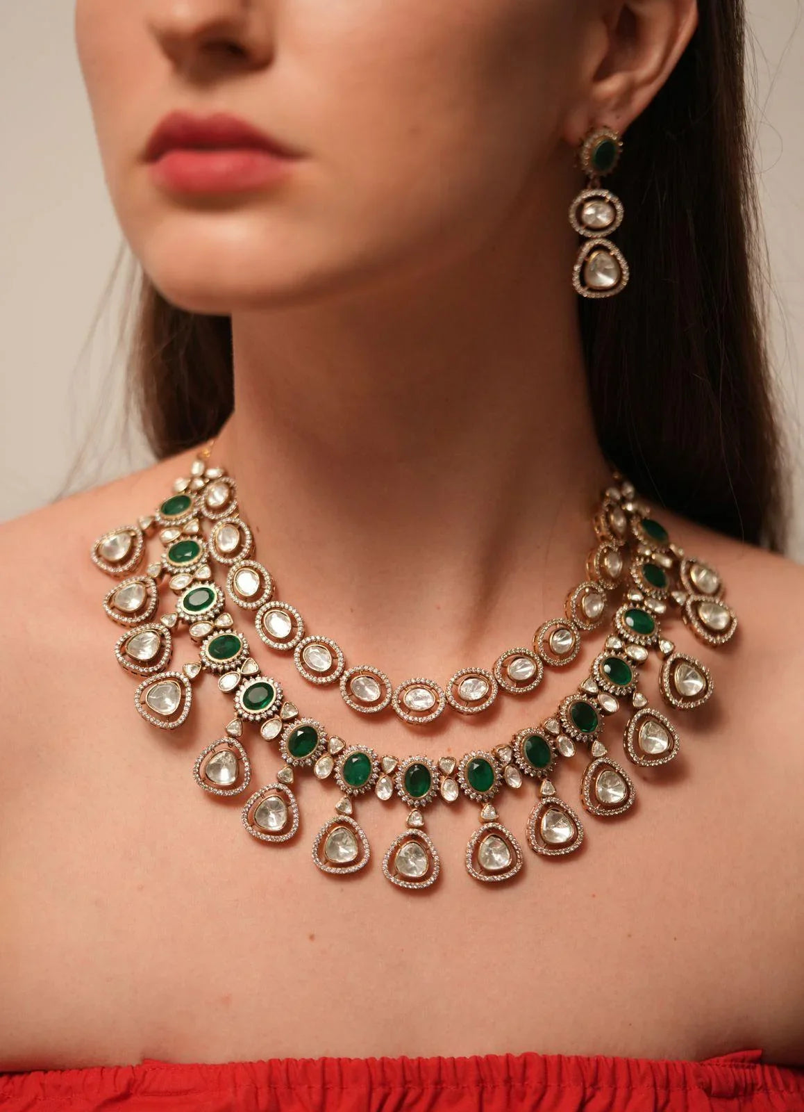 Akanksha Polki 2 Layer Necklace Set | Emerald