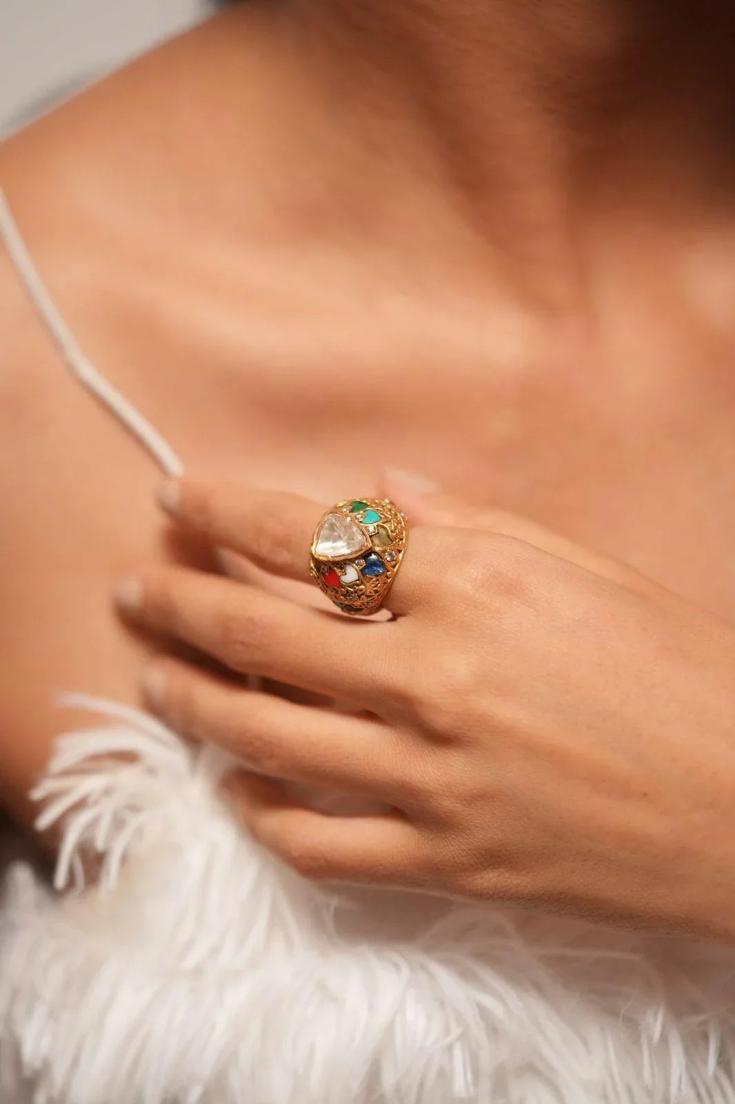 Pavani Polki Moissanite Navratna Indian Ring