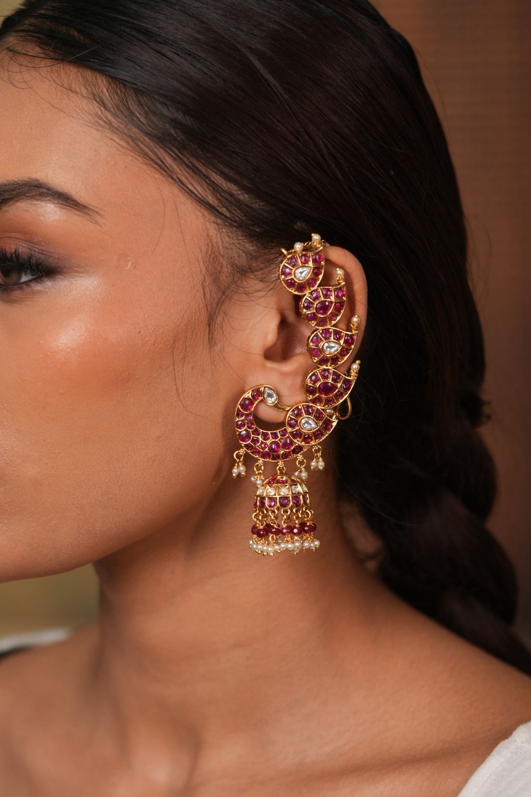 Morni Peacock Earcuff Polki Indian Earrings