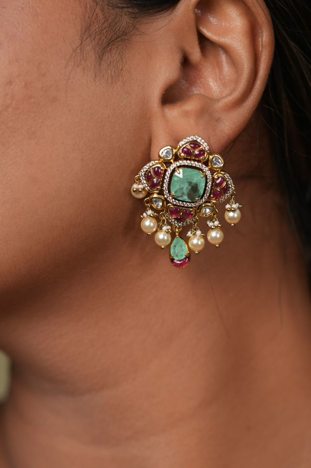 Rudra 2.0 Polki Moissanite Russian Emerad Indian Studs | Mint & Pink