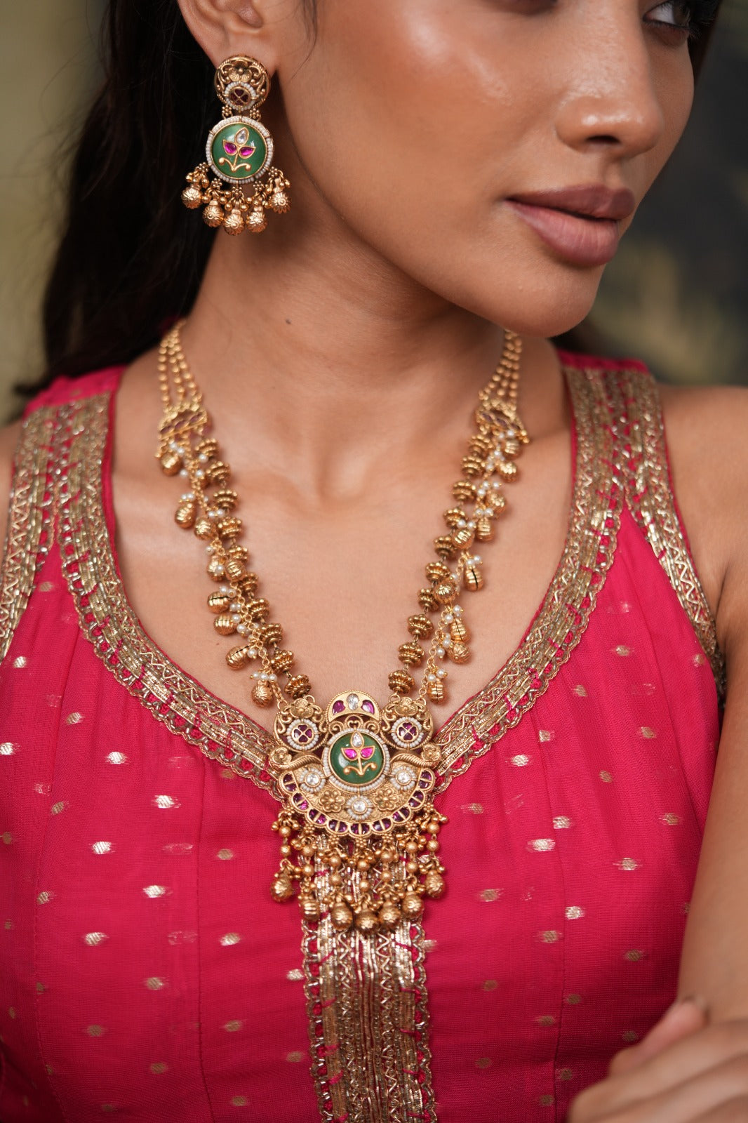 Sabarmati Gold Traditional Long Delicate Indian Necklace Set | Sone Pe Suhaga