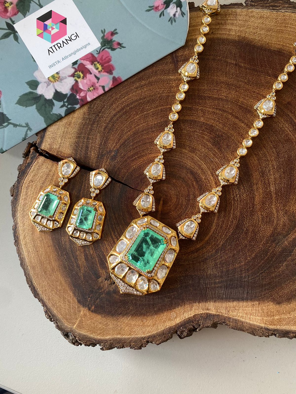 Jamuna Moissanite Polki Pendant Necklace Set With Earrings