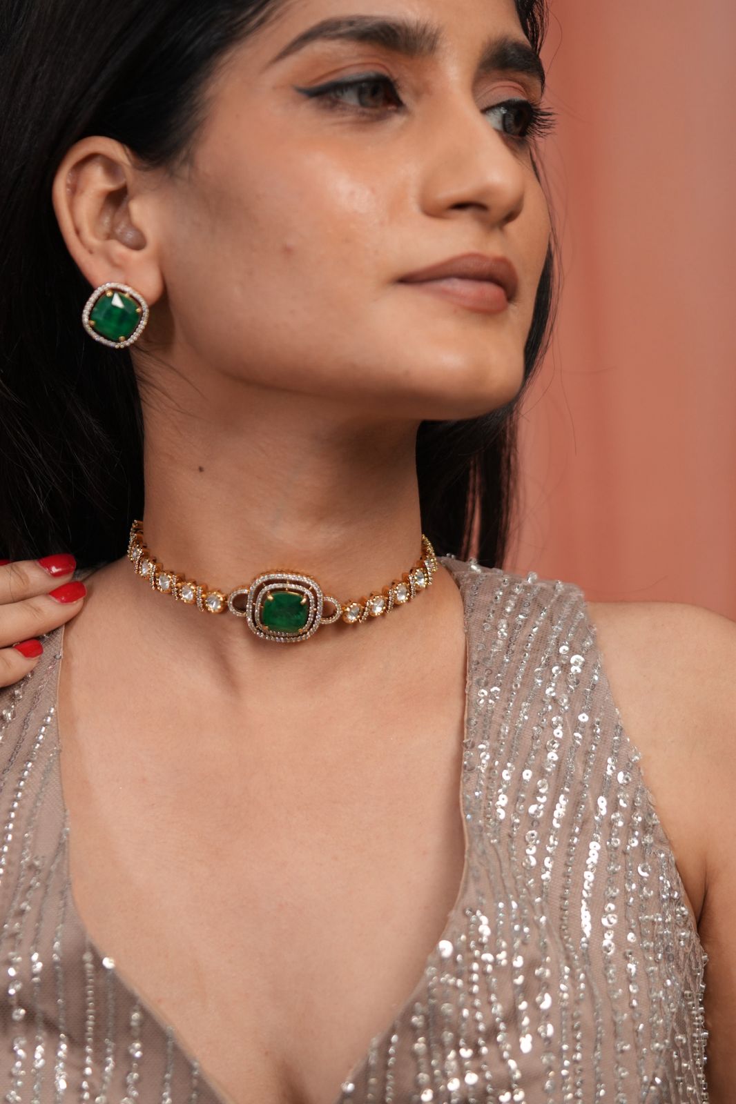 Firki Polki Moissanite Sleek Choker Set with Studs