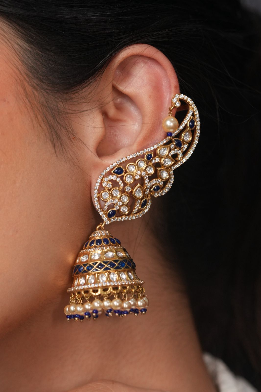Palashi Polki Moissanite Designer Indian Earcuff Jhumka