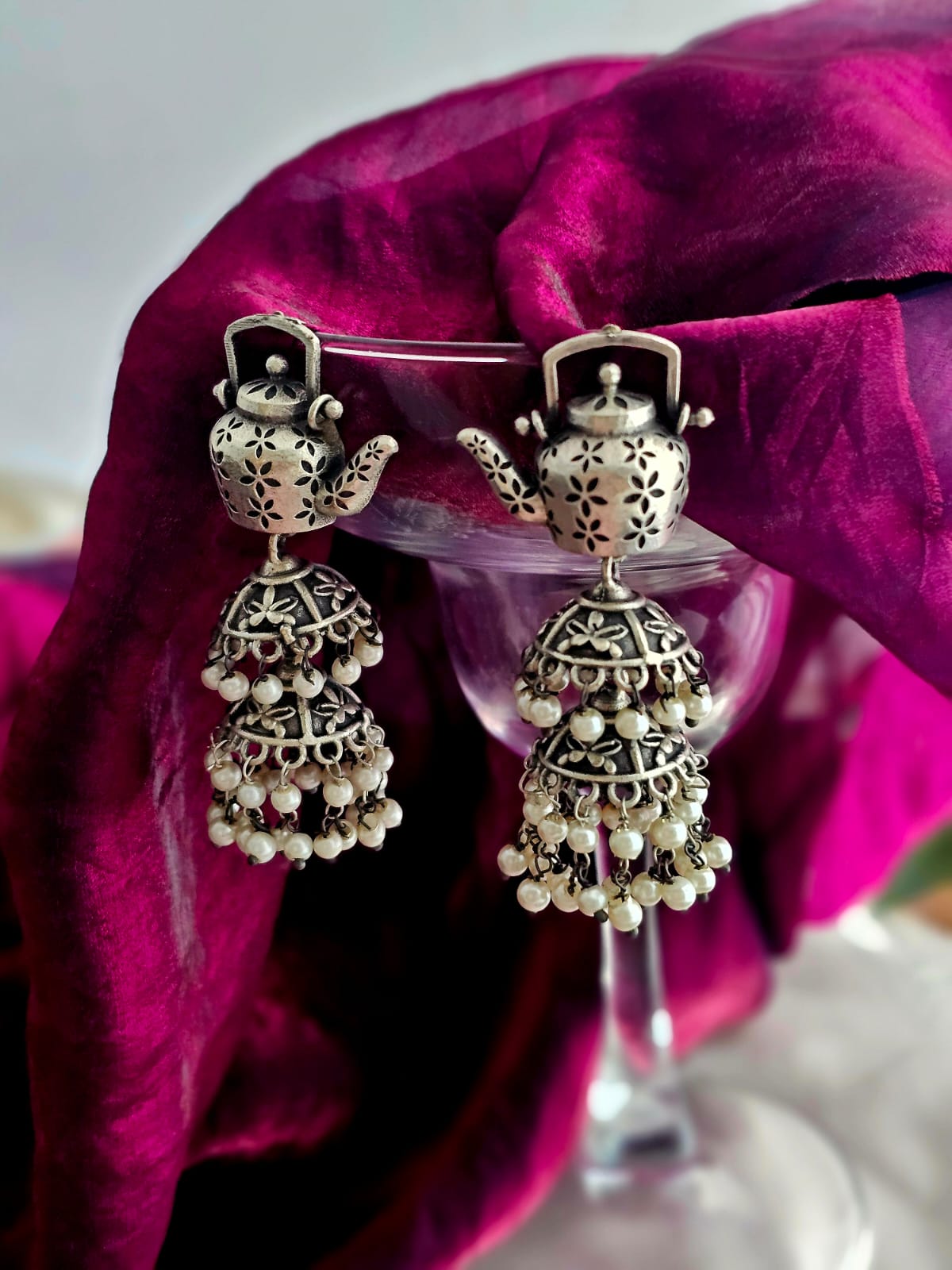 Sarvagina German Silver Teapot Double Jhumka Earrings