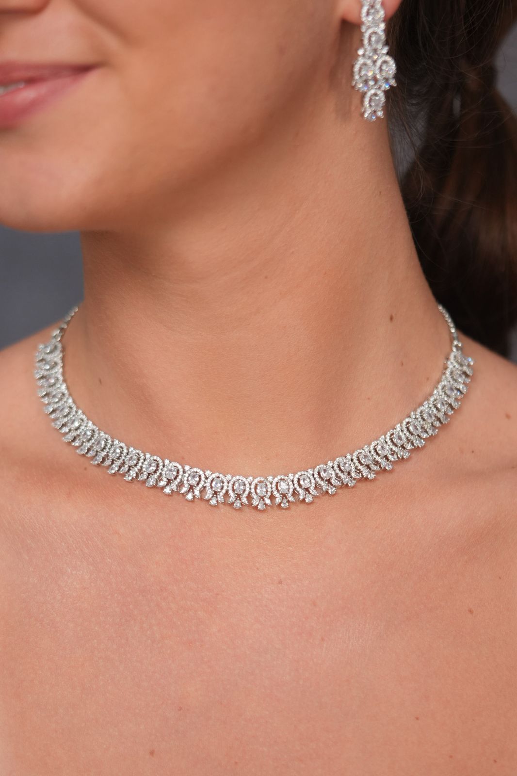 Riri Oval Diamond Dainty Necklace Set with Mid Sized Earrings