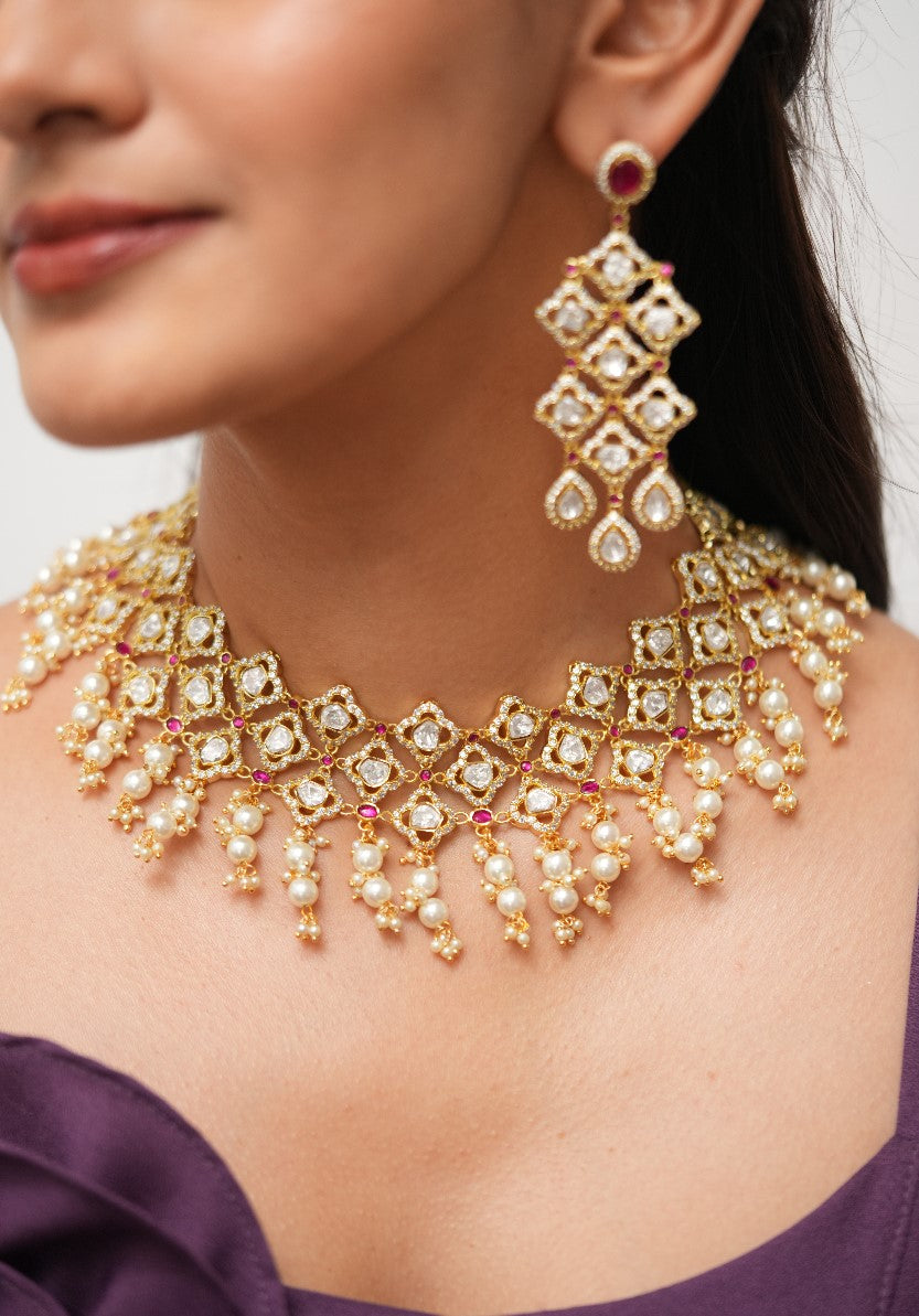 Rupa Moissanite Gold Polki Heavy Necklace | Choker Set