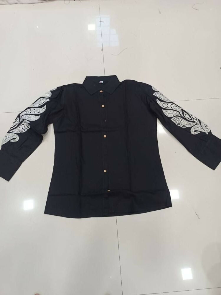 Teeya Creation Women Trendy Black Cotton Button-Down Top with White Contrast Embroidered Sleeves