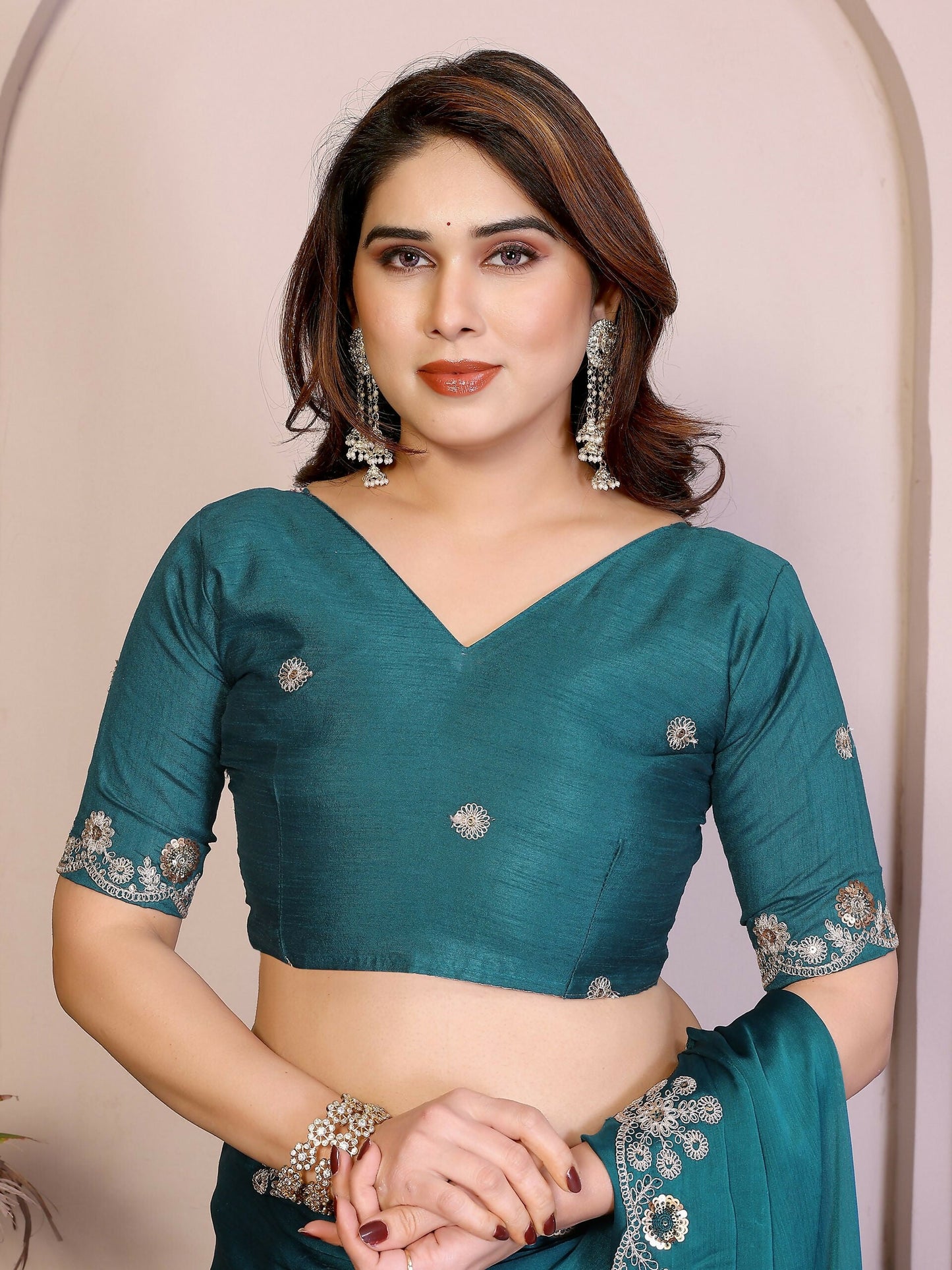 Teeya Creation New Trendy Party Wear Soft Satin Chiffon Saree-Teal