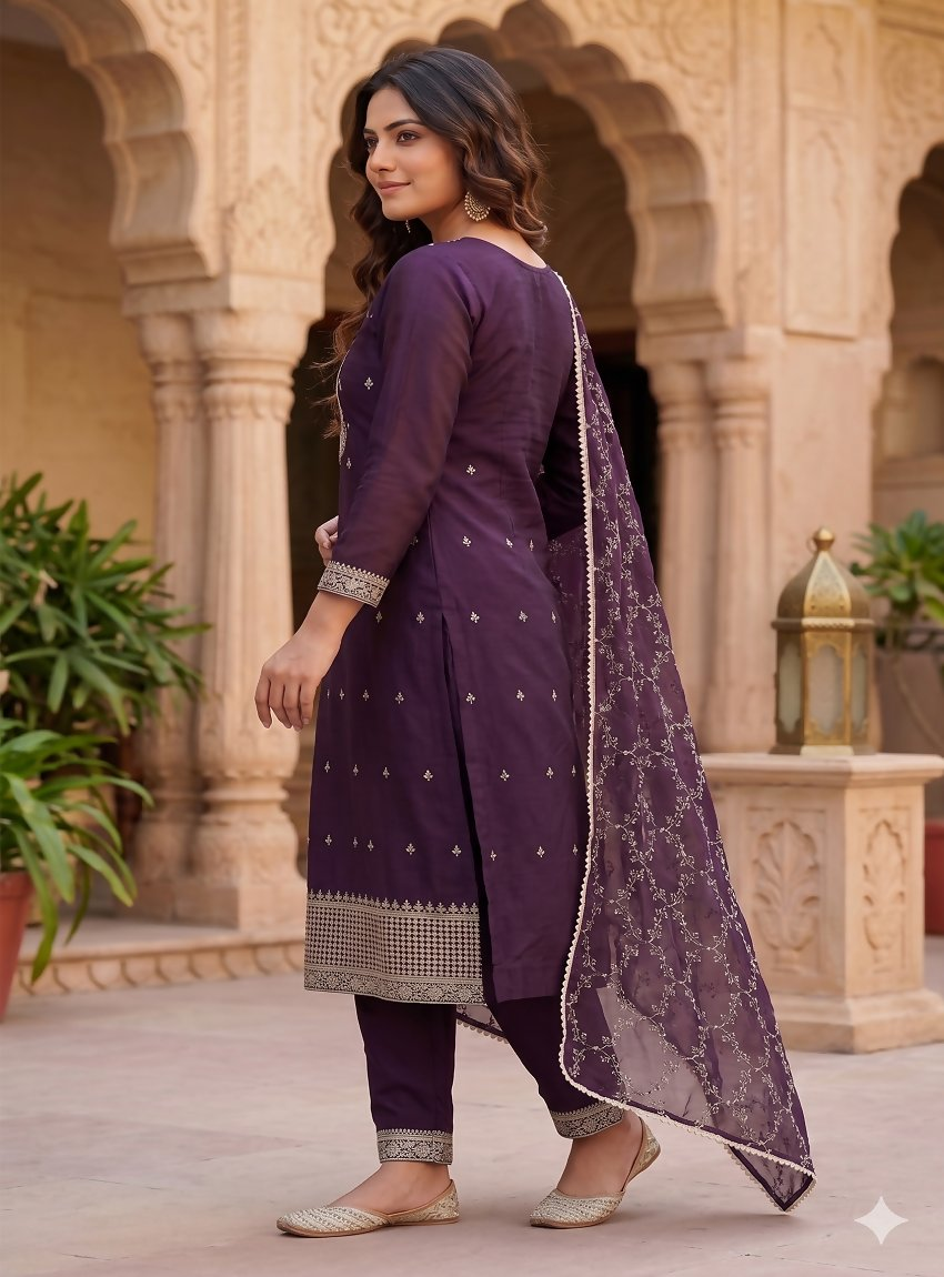 Teeya Creation Deep Wine Embroidered Straight Kurta With Pant And Dupatta