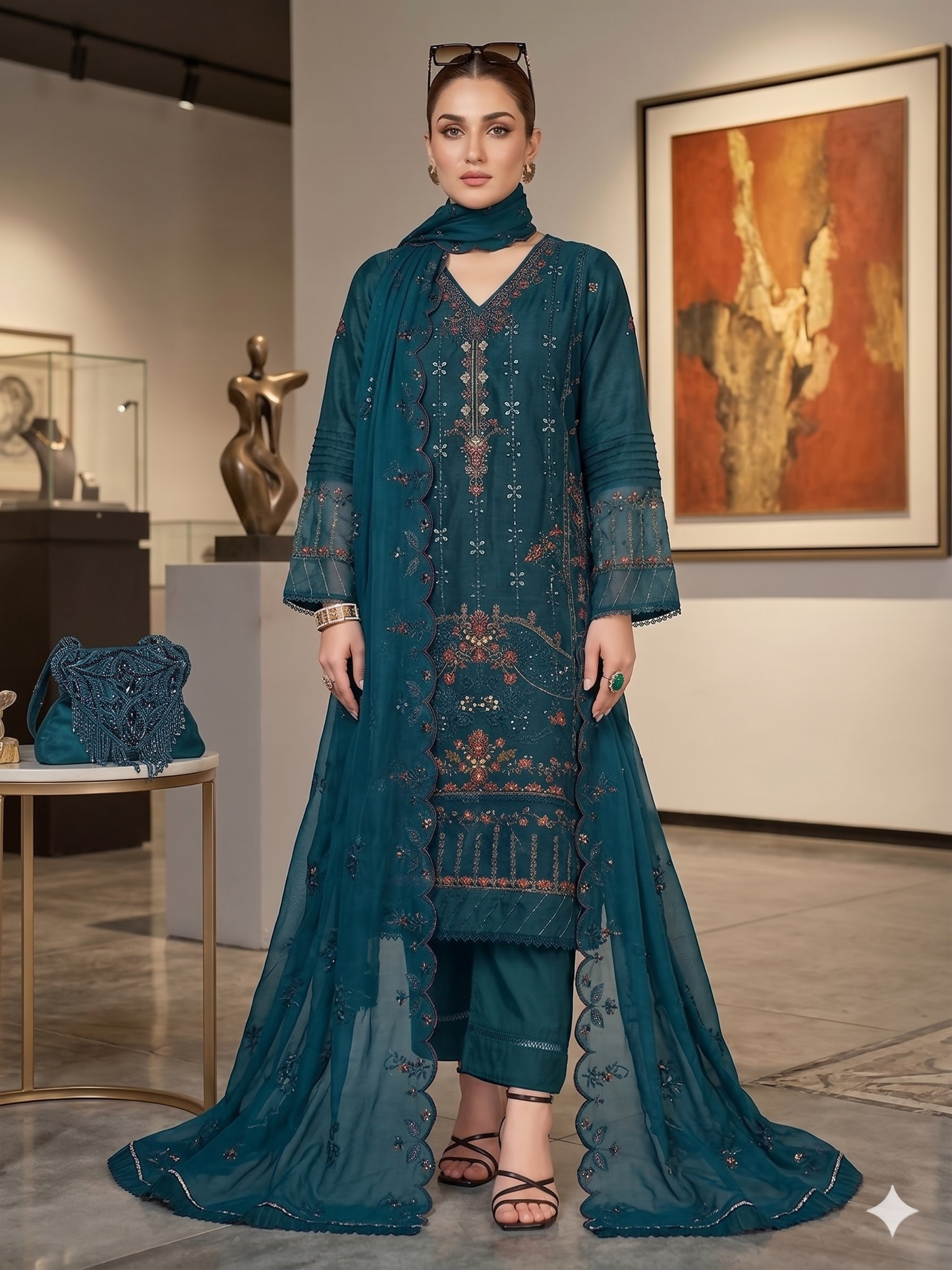 Teeya Creation Womens New Net With Heavy Embroiedery With Sequence Work Teal Kurta Set