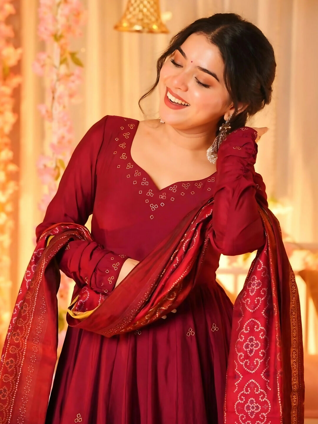 The52 Women's Beautiful Printed Work Viscose Fabric Flared Anarkali Palazzo and Dupatta Set-Maroon