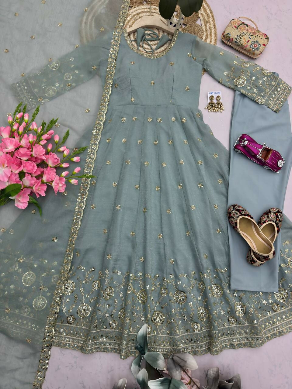 Teeya Creation Elegant Grey Embroidered Anarkali Kurta Set With Mirror Work Dupatta