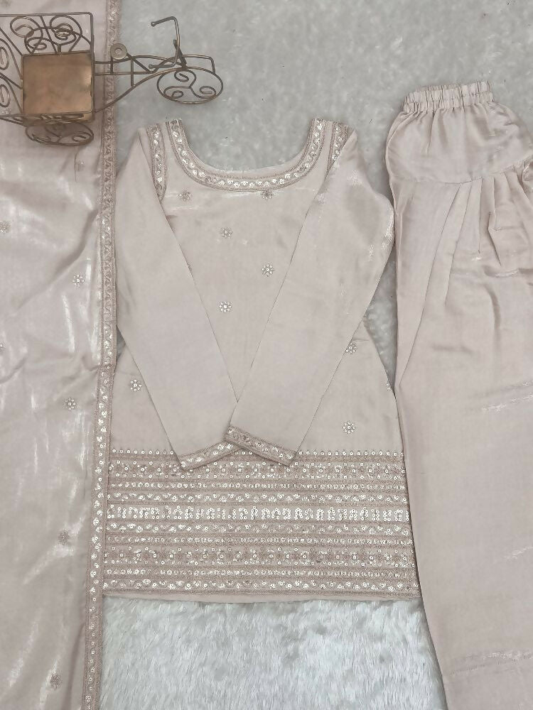 Teeya Creation Beige Silk Embroidered Kurta Salwar Suit Set With Dupatta