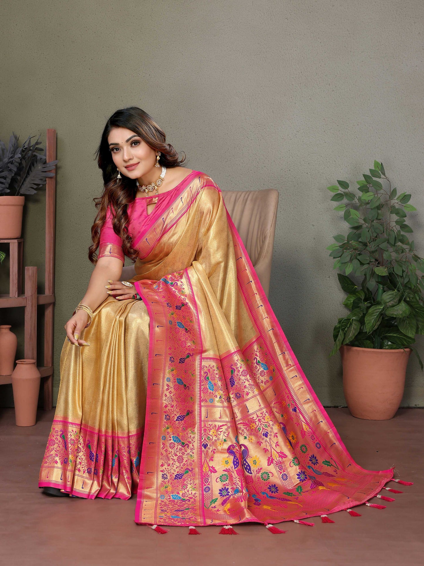 Aastha Fashion Gold Tissue Silk Paithani Woven Saree