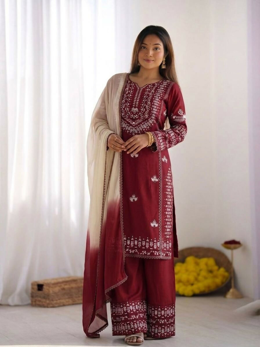 Teeya Creation Womens Trendy Stylish Embroidery Thread Work Maroon Kurta Set