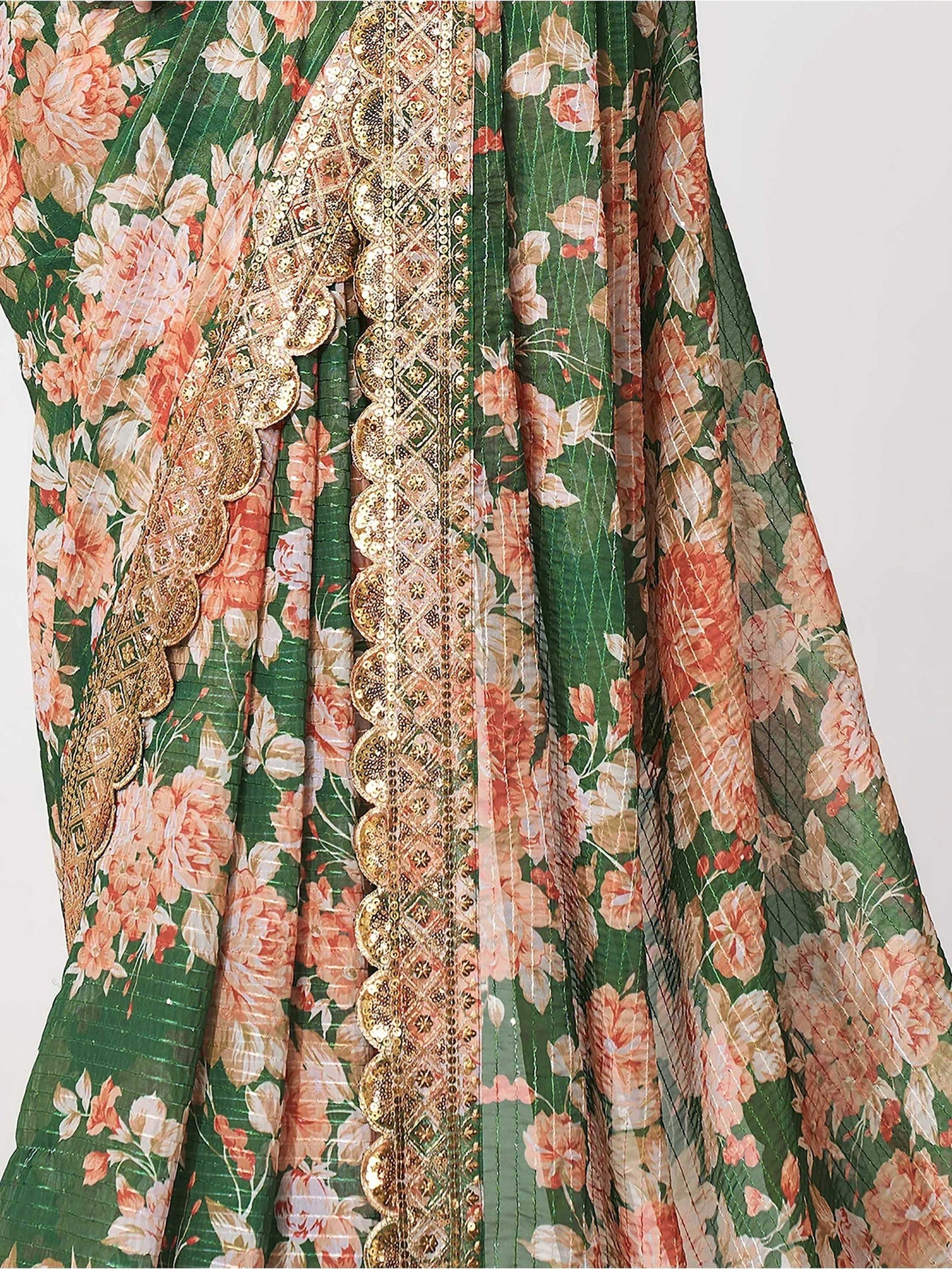 Tulsi Art Mesmerizing Green Floral Printed Organza Festive Wear Saree