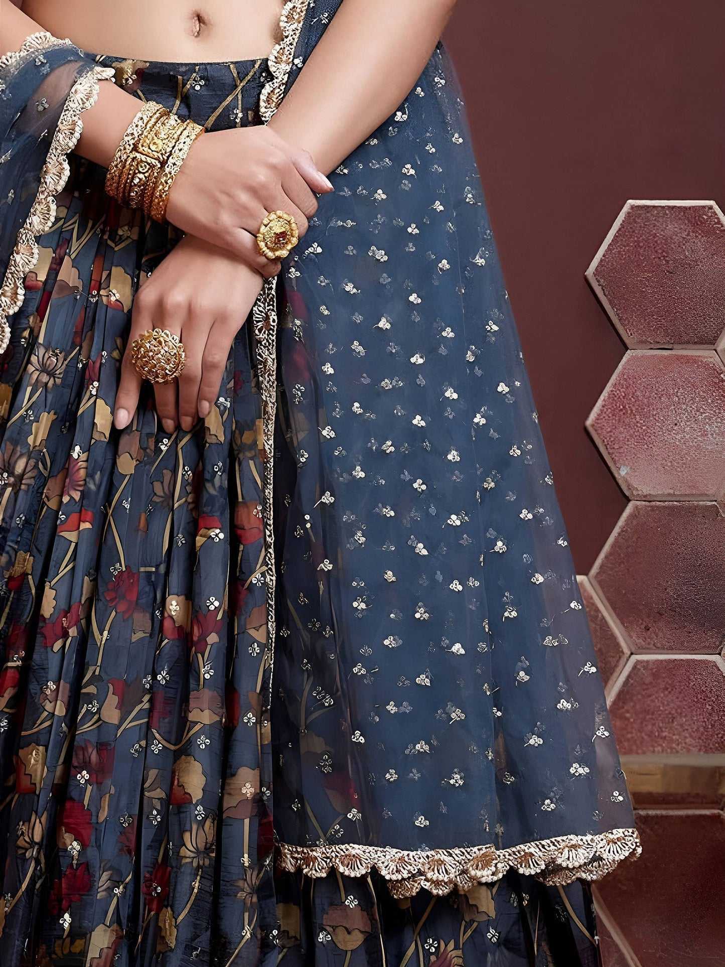 Tulsi Art Wonderful Blue Digital Print Embroidery Chinon Silk Party Wear Lehenga Choli