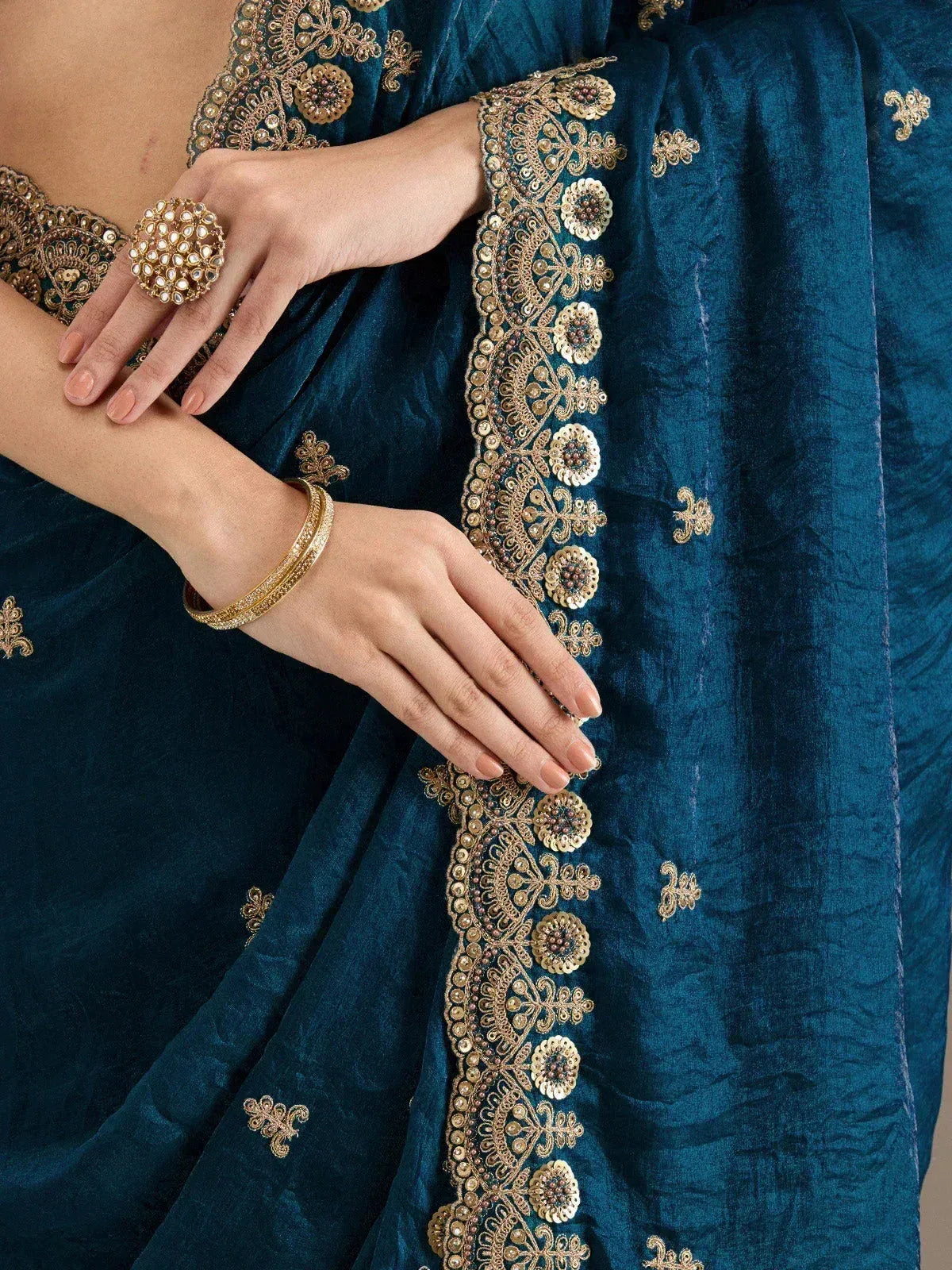 Tulsi Art Elegant Blue Embroidered Tissue Silk Party Wear Saree With Blouse