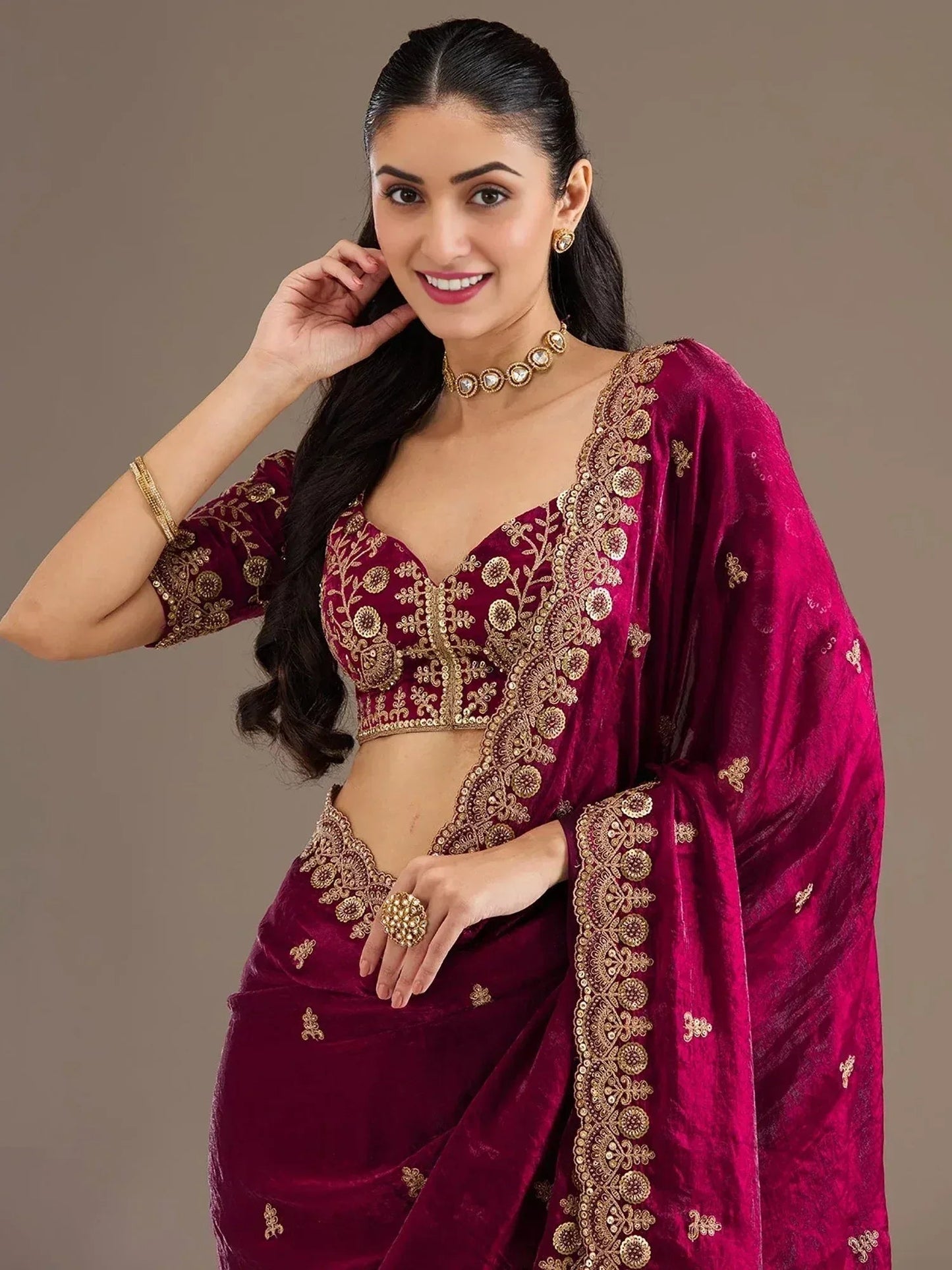 Tulsi Art Alluring Maroon Zari Embroidered Silk Party Wear Saree With Blouse