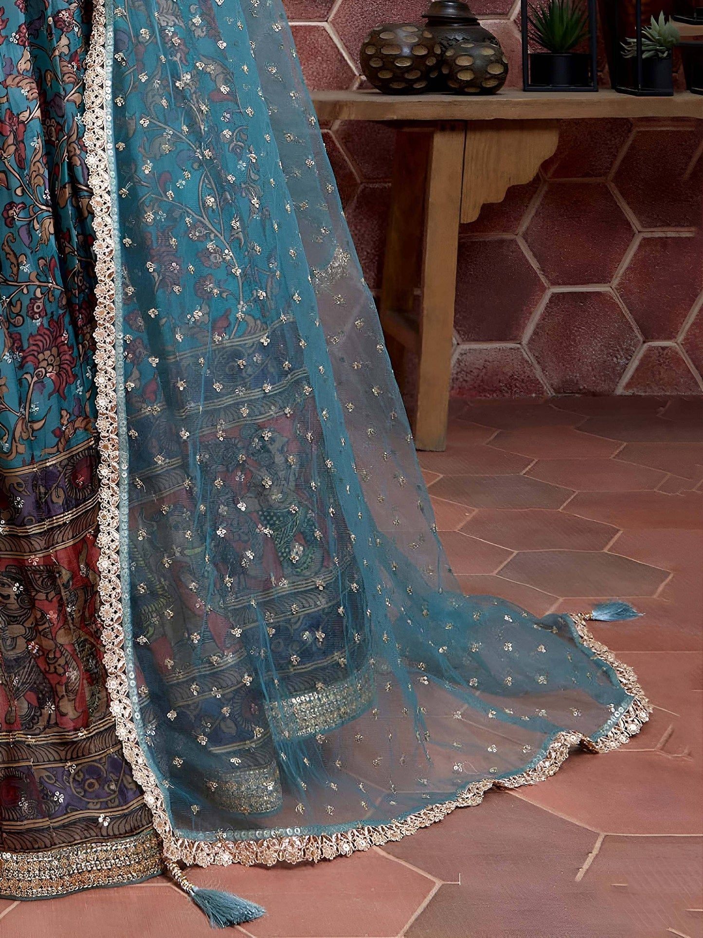 Tulsi Art Wondrous Blue Embroidery Chinon Silk Party Wear Lehenga Choli